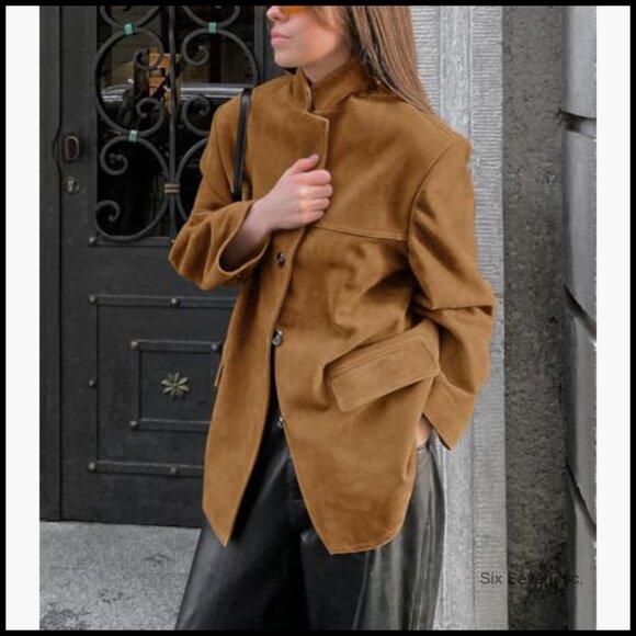 Faux Suede Leather Blazer Jacket Oversized Bomber Coat Fall Winter - Picture 2 of 5